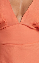 Desiree Midi Dress - V Neck Flutter Short Sleeve Slip Dress in Orange