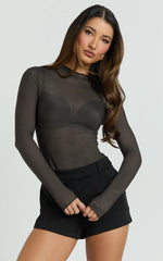 Rhialyn Top - Long Sleeve Sheer Top in Chocolate