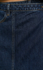 Katherine Mini Skirt - Cross Front Recycled Denim Skirt in Dark Blue Wash