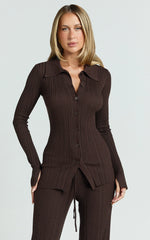 Kelsey Top - Button Through Long Sleeve Knitted Top in Chocolate