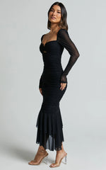 Arabella Midi Dress - Bust Detail Ruched Mesh Midi with Cut Out Detail in Black