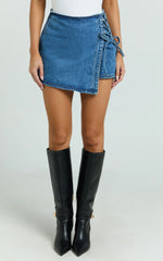 Ronnie Skort - Mid Waist Lace Up Denim Skort in Dark Blue Wash