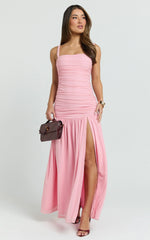 Cardi Maxi Dress - Ruched Mesh High Leg Split Dress in Pink