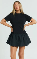Kym Mini Dress - Tee Shirt Top Drop Waist Gathered Full Skirt Dress in Black