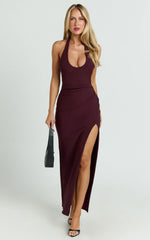 Ruby Maxi Dress - Halter Scoop Neck Low Back Bodycon Dress in Wine