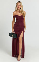 Lilliana Maxi Dress - Glitter Tulle Off Shoulder Tie Front Ruched High Split Dress in Wine