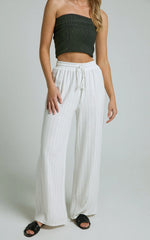 Barbra Pants - Pinstripe Linen High Waisted Relaxed Pants in White Stripe