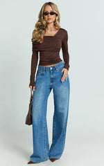 Cate Top - Long Sleeve Asymmetrical Neckline Top in Chocolate