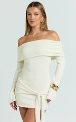 Rhianna Mini Dress - Knitted Off Shoulder Tie Waist Mini Dress in Cream