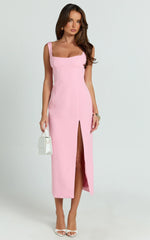Aretha Midi Dress - Square Neckline High Split Dress in Pink