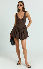 Ashlyn Mini Dress - Scoop Neck V Waist Gathered Dress in Chocolate