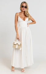 Jamilla Maxi Dress - Plunge Drop Waist High Leg Split Dress in Off White