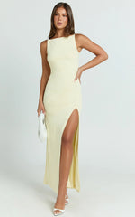 Audette Maxi Dress - Boat Neck Ruched Fitted Dress in Lemon