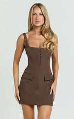 Marcia Mini Dress - Scoop Neck Hook And Eye Front Bodice Fitted Dress in Brown
