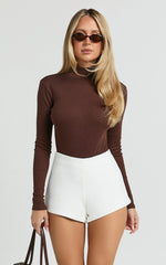 Isabela Bodysuit - High Neck Long Sleeve Ribbed Bodysuit in Brown