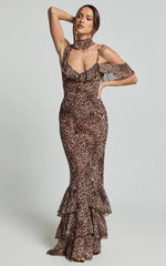 Riley Maxi Dress - Asymmetric Ruffle Detail Maxi Dress in Tonal Leopard