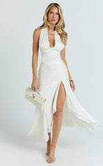 Carmela Midi Dress - Gather Bust and Shoulder Strap With Front Leg Split Dress in Off White