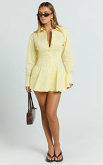 Dale Mini Dress - Power Shoulder Collared Button Down Fit And Flare Dress in Lemon