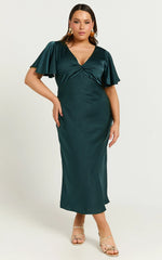 Amartina Midi Dress - V Neck Twist Bodice Flutter Sleeve Dress in Forest Green