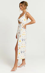 Nicola Midi Linen Blend Dress - Strappy Front Twist Cut Out Column Dress in Soleil Print