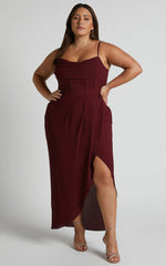 Andrina Midi Dress - High Low Wrap Corset Dress in Wine