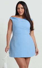 Claire Mini Dress - Tipped Shoulder Tulip Skirt Dress in Blue