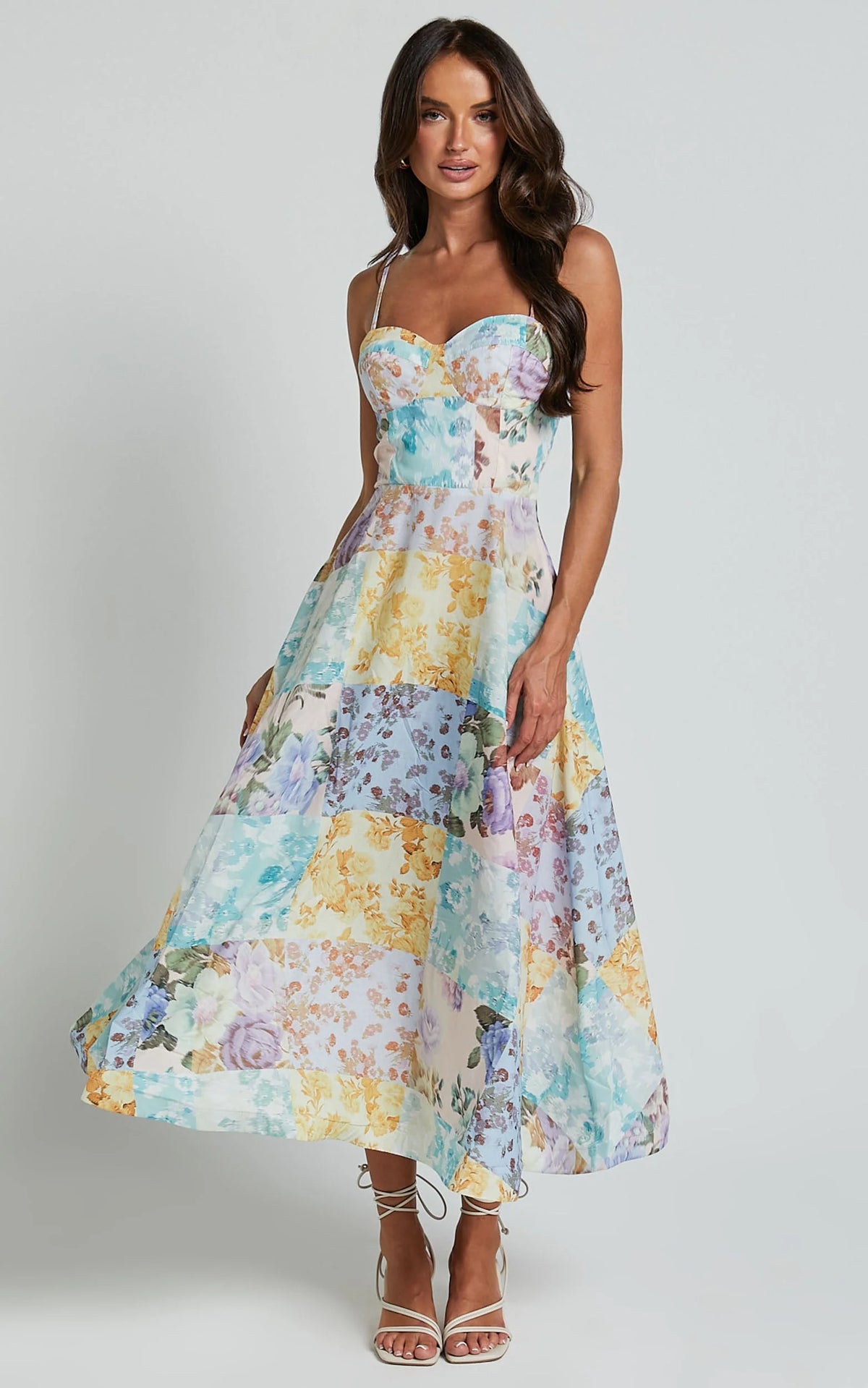 Robertson Midi Dress - Strappy Sweetheart Bustier Flare Dress in Vintage Floral