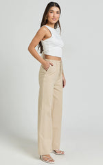 Abbey Pants - Wide Leg Drawstring Linen Look Pants in Natural
