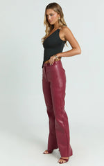 Marzia Pants - Faux Leather Mid Waisted Straight Leg Pants in Wine