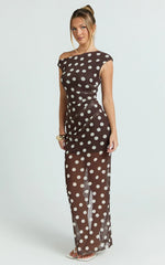Lia Maxi Dress - Off Shoulder Slip Dress in Chocolate White Spot