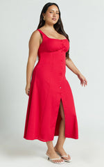 Cameron Midi Dress - Button Front Tie Back Dress in Red