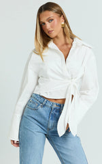 Duncan Top - Long Sleeve Wrap Waist Cropped Shirt in White