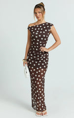 Lia Maxi Dress - Off Shoulder Slip Dress in Chocolate White Spot