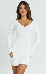 Carissa Mini Dress - V Neck Long Sleeve Knit Dress in White