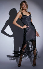 Eiren Midi Dress - Corset Bodice Fringe Detail Dress in Black