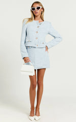 Olympia Mini Skirt - High Waisted A Line Boucle Skirt in Pale Blue