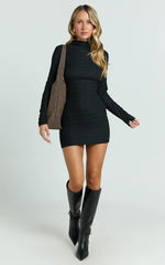 Ruby Mini Dress - High Neck Long Sleeve Dress in Black