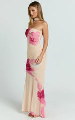 Angie Maxi Dress - Strapless Bias Column Dress with Scarf in Electric Bloom Lemon