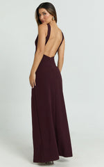 Raya Maxi Dress - Deep V Neck Low Back Bodycon Dress in Wine