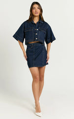 Katherine Top - Crop Button Down Collared Recycled Denim Short Sleeve Top in Dark Blue Wash