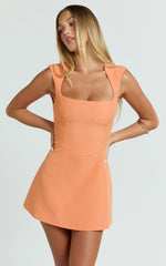 Sakura Mini Dress - Square Neck Wide Strap A Line Skirt Dress in Orange