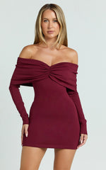 Rani Mini Dress - Off Shoulder Long Sleeve Bodycon Dress in Wine