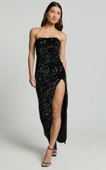 Ava Maxi Dress - Strapless High Split Sequin Dress in Black