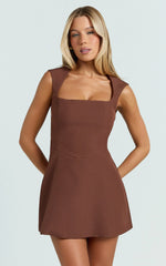 Sakura Mini Dress - Square Neck Wide Strap A Line Skirt Dress in Chocolate