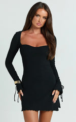 Oscar Mini Dress - Long Tie Sleeve Square Neck Dress in Black