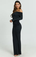 Emilie Maxi Dress - Off Shoulder Long Sleeve Ruched Jersey Dress in Black