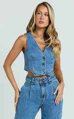 Fergie Top - Denim Crop Vest Top in Mid Blue Wash