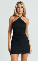 Andrea Mini Dress - Lace Halter A Line Dress in Black