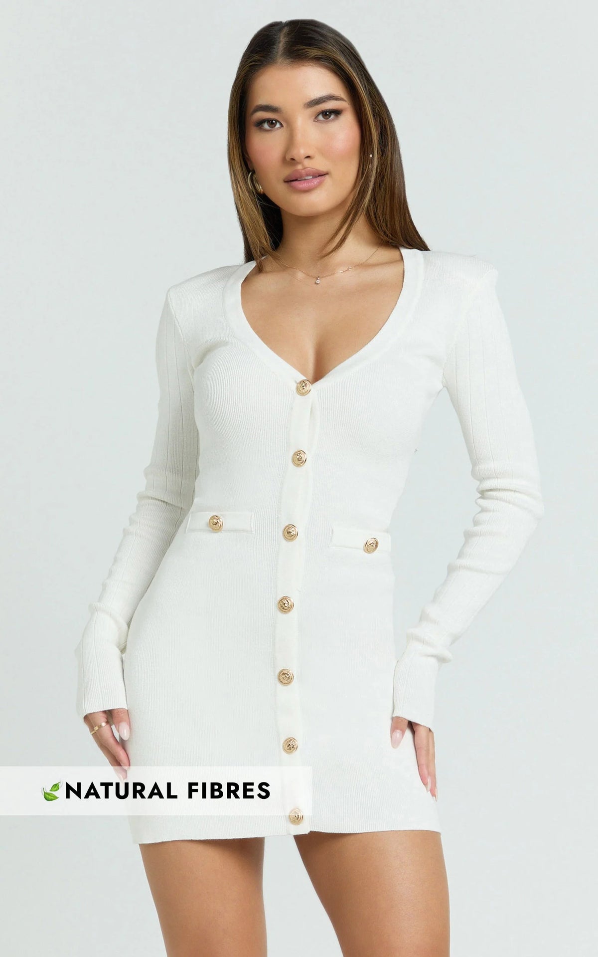 Nikka Mini Dress - Long Sleeve V Neck Bodycon Knit Dress in Cream