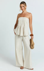 Carli Two Piece Top and Pants Set - Cotton Tube Pant Set in Beige